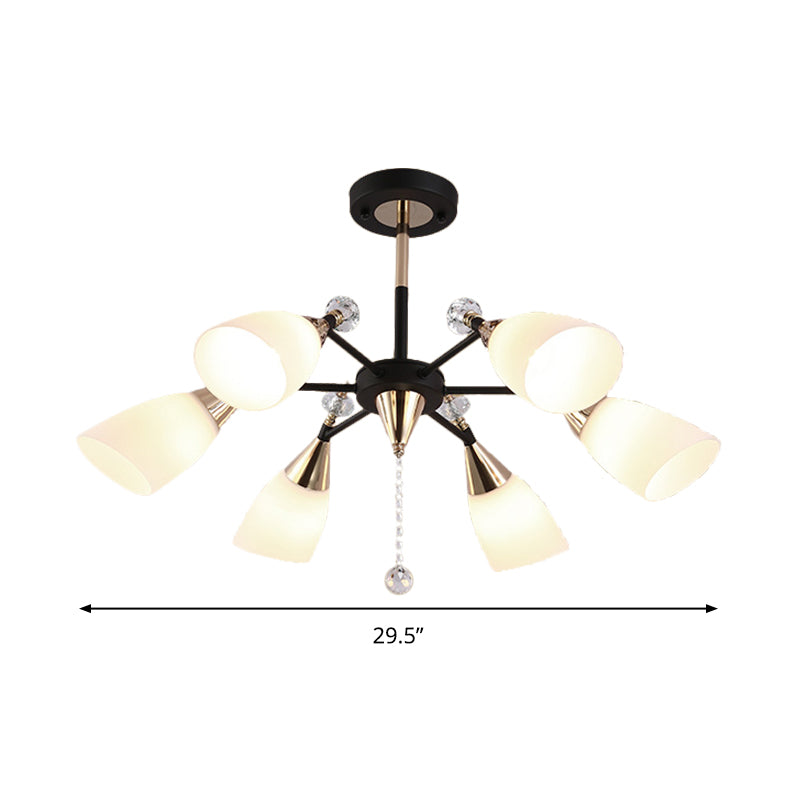 Contemporary White Glass Flared Ceiling Chandelier - 6 Bulbs Black