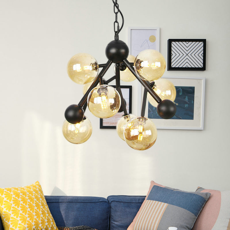 Modern Globe Chandelier Lighting - Amber Glass 9 Heads Hangs Beautifully In Living Room