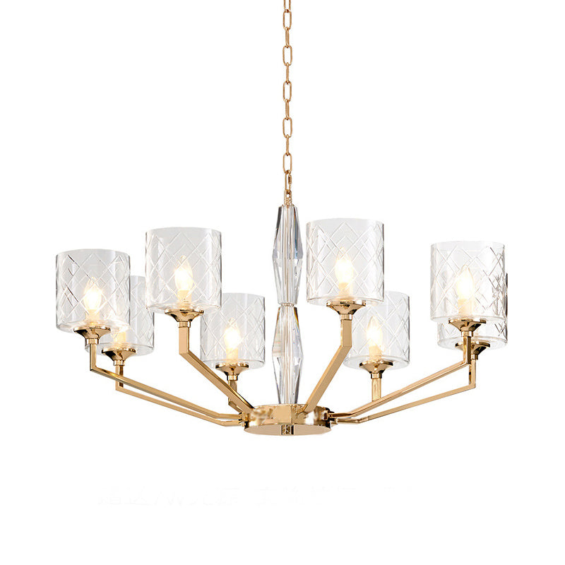 Contemporary 8-Bulb Gold Chandelier With Lattice Glass Shades