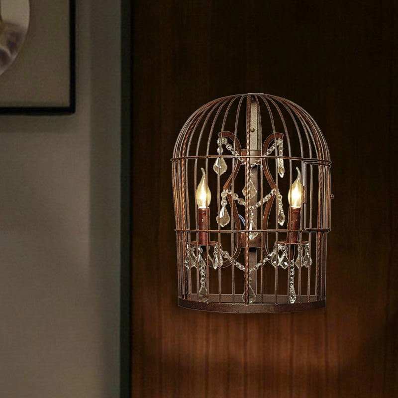 Rustic Industrial Birdcage Wall Sconce With Crystal Accents 2 Light Metal Lamp Rust