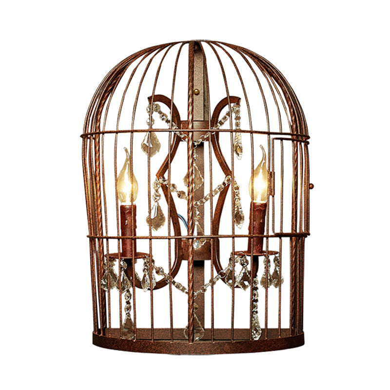 Rustic Industrial Birdcage Wall Sconce With Crystal Accents 2 Light Metal Lamp
