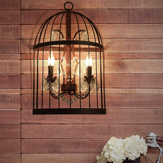 Industrial Rustic Crystal Wall Sconce With Birdcage Design - 2 Heads Metal Mounted Light For Living