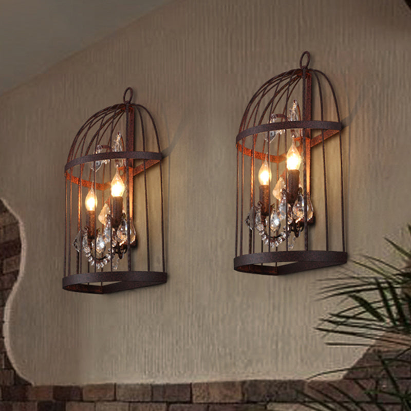 Industrial Rustic Crystal Wall Sconce With Birdcage Design - 2 Heads Metal Mounted Light For Living