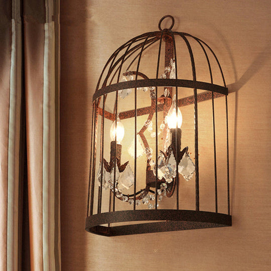 Industrial Clear Crystal Glass Wall Sconce - Rust Lighting Fixture With 2 Heads For Birdcage Living