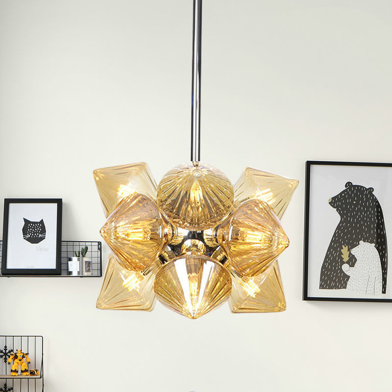 Modern Amber Glass Diamond Chandelier With Chrome Finish - 9/12 Heads Pendant Ceiling Light 12 /