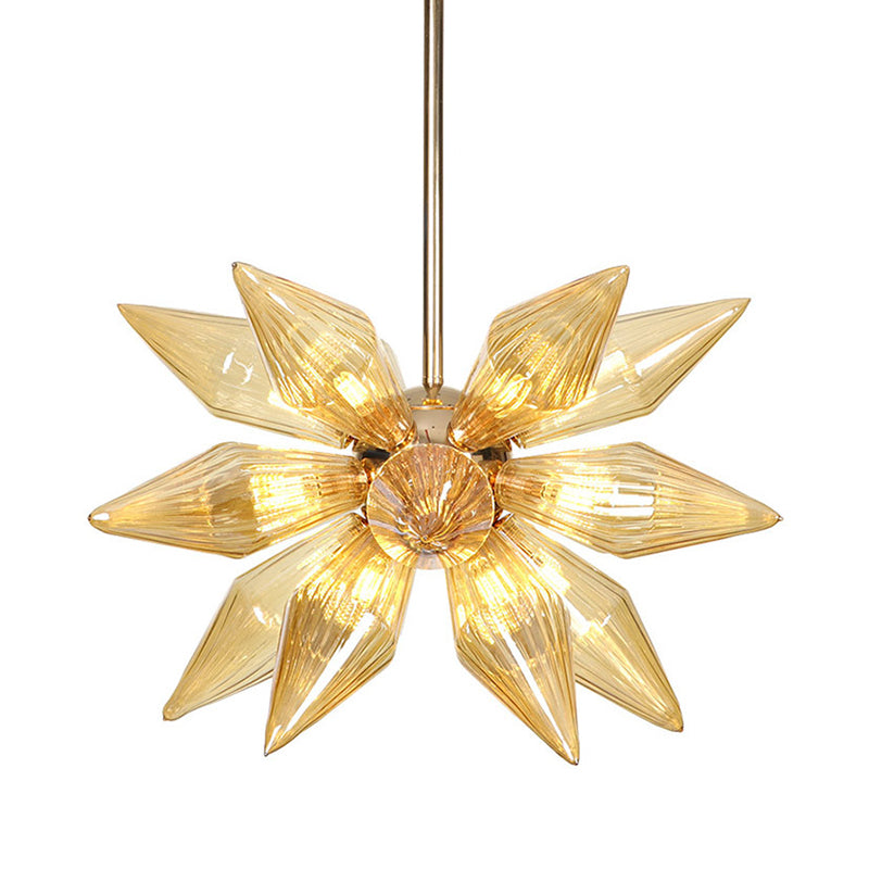 Modern Amber Ribbed Glass Conical Chandelier - 18 Heads Hanging Pendant Light In Gold