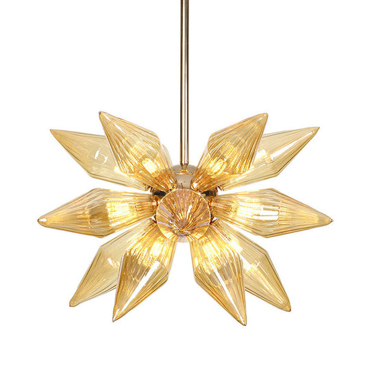 Modern Amber Ribbed Glass Conical Chandelier - 18 Heads Hanging Pendant Light In Gold