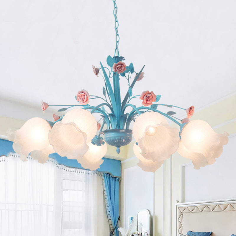 White Glass Chandelier Light - Floral Countryside 8 Bulbs Pendant Lamp For Living Room In Blue