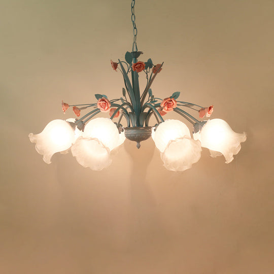 White Glass Chandelier Light - Floral Countryside 8 Bulbs Pendant Lamp For Living Room In Blue