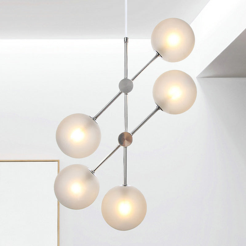 Modern Textured White Glass Globe Chandelier With 5 Bulbs - Bedroom Ceiling Suspension Lamp