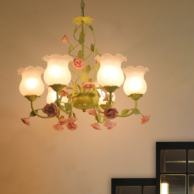 Green Milk Glass Bloom Chandelier - Traditional 6-Head Pendant Light For Living Room