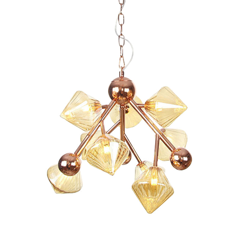 9-Head Modern Chandelier - Rose Gold Diamond Pendant with Amber Glass Shade