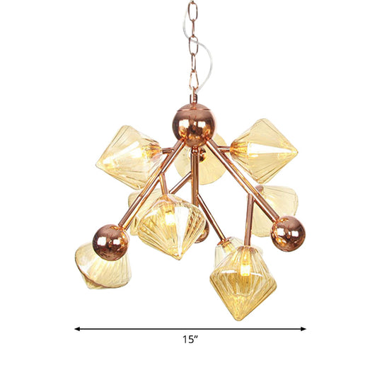 9-Head Modern Chandelier - Rose Gold Diamond Pendant with Amber Glass Shade