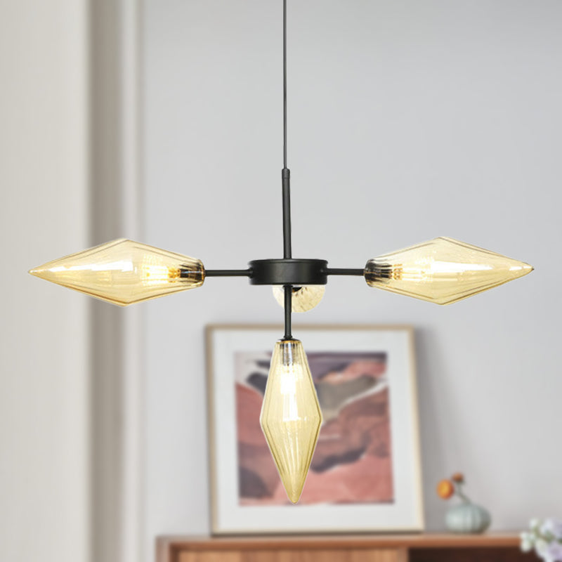 Modern Black Tapered Pendant Chandelier with 4 Heads, Amber Glass, Hanging Ceiling Light