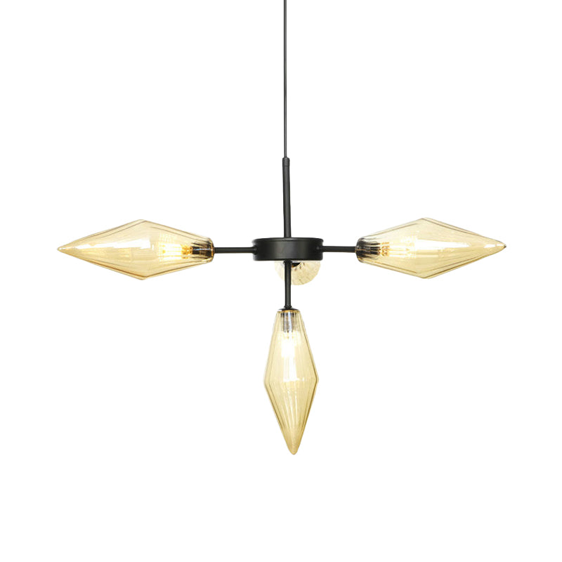 Modern Black Tapered Pendant Chandelier with 4 Heads, Amber Glass, Hanging Ceiling Light