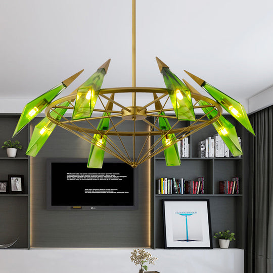 Tapered Pendant Chandelier: Contemporary Cream/Green Glass, 8 Heads, Living Room Hanging Light Kit