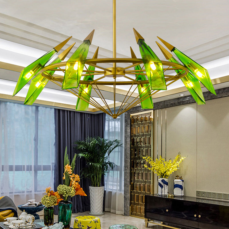 Tapered Pendant Chandelier: Contemporary Cream/Green Glass, 8 Heads, Living Room Hanging Light Kit