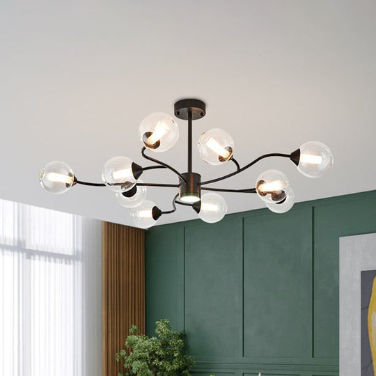Modern Black Chandelier With Orb Clear Glass Shade: 10-Light Pendant For Living Room