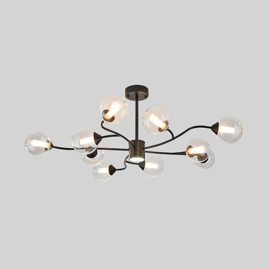 Modern Black Chandelier With Orb Clear Glass Shade: 10-Light Pendant For Living Room