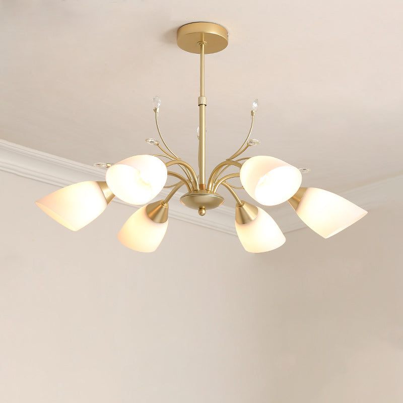 Modernist Gold Flared Chandelier With 3/6 Bulbs: Elegant Hanging Pendant Light And White Glass Shade