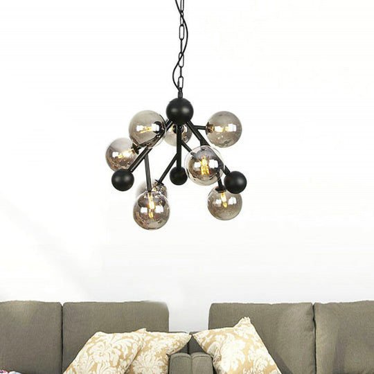 Sleek Spherical Chandelier: Modernist Smoke Gray Glass, 9 Heads, Bedroom Lighting Fixture
