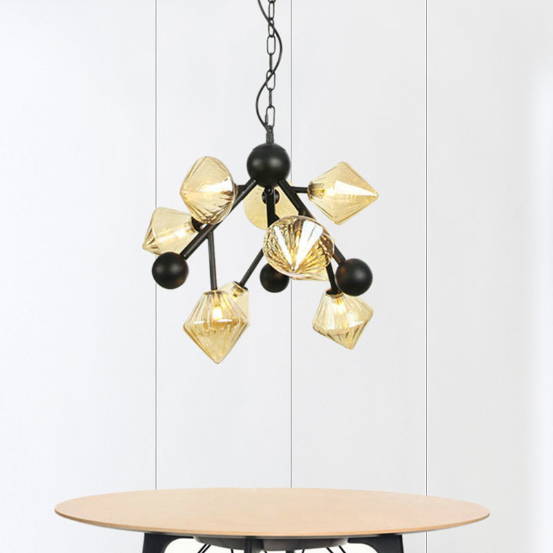 Modern Amber Glass Pyramid Chandelier - 9-Light Pendant Fixture For Dining Room Ceiling