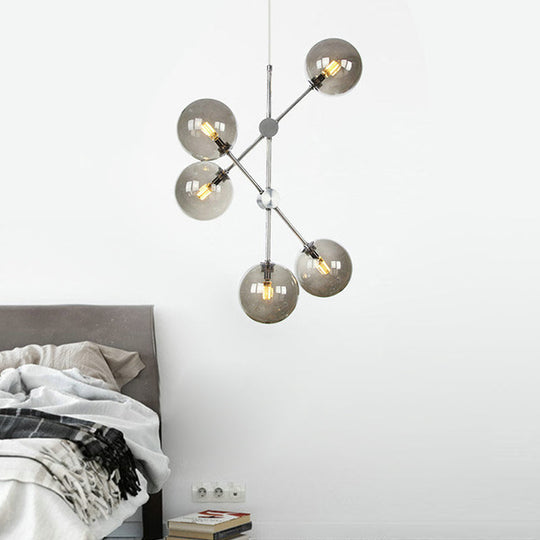Contemporary Smoke Glass Ball Pendant Chandelier - 5 Bulb Hanging Ceiling Light For Bedroom Gray