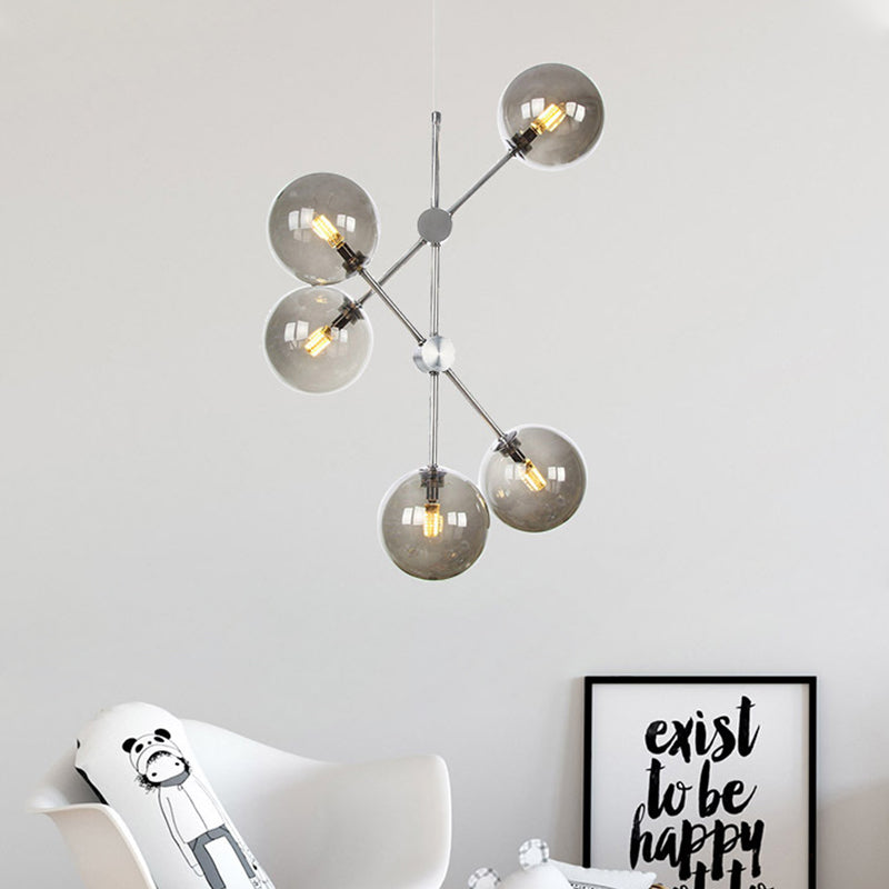 Contemporary Smoke Glass Ball Pendant Chandelier - 5 Bulb Hanging Ceiling Light For Bedroom