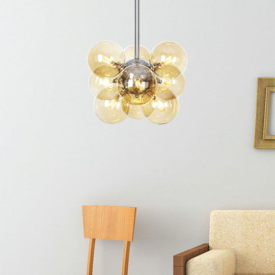 Contemporary 9-Light Chrome Orb Pendant Chandelier With Amber Glass Shades