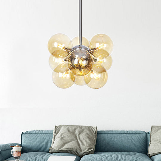 Contemporary 9-Light Chrome Orb Pendant Chandelier With Amber Glass Shades