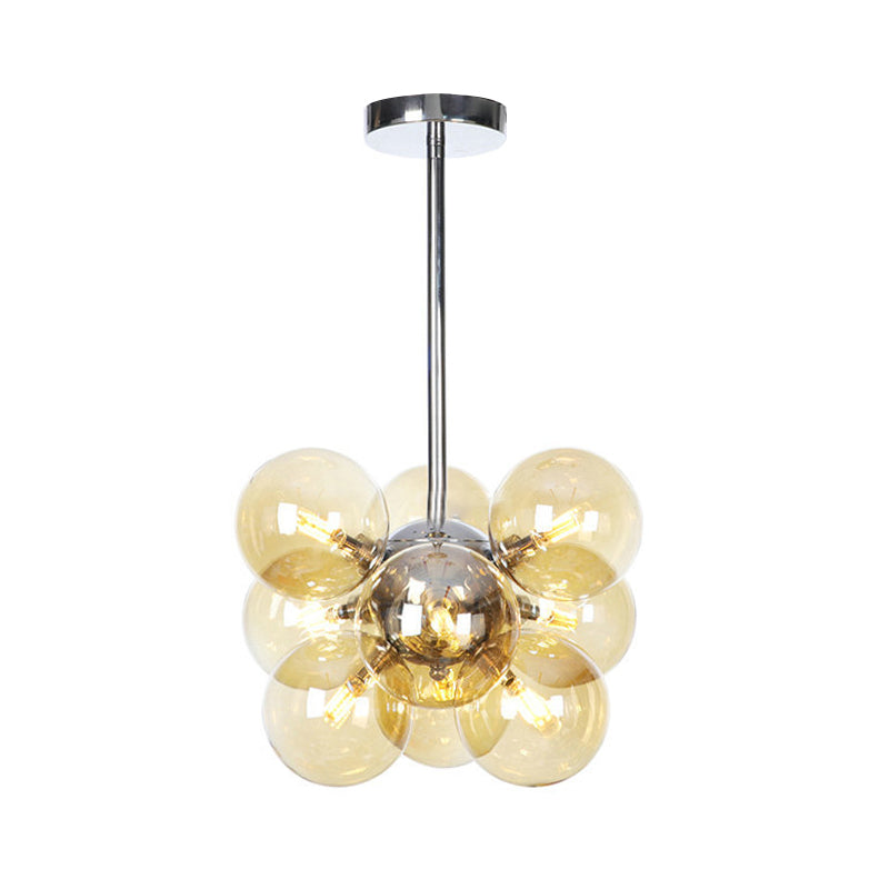 Modern Chrome Pendant Chandelier with Amber Glass Shade - 9 Heads Orb Lighting Fixture
