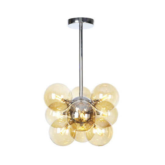 Contemporary 9-Light Chrome Orb Pendant Chandelier With Amber Glass Shades