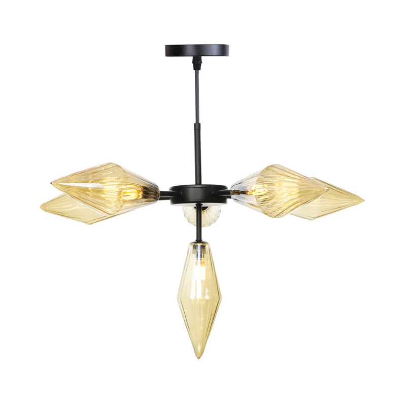 Modern Black Tapered Chandelier Lamp with 6 Amber Glass Heads - Stylish Ceiling Pendant Light