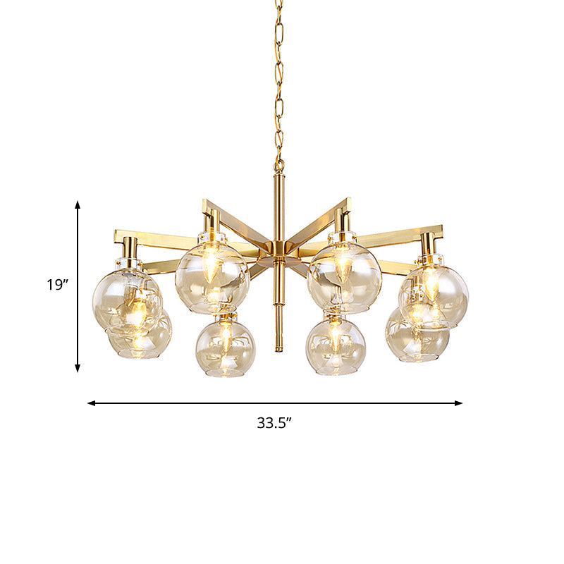Stylish 8-Head Gold Ball Chandelier with Amber Glass Shade - Modern Ceiling Hanging Light