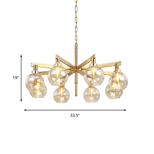 Contemporary 8-Head Gold Ball Chandelier With Amber Glass Shade - Stylish Ceiling Hanging Light