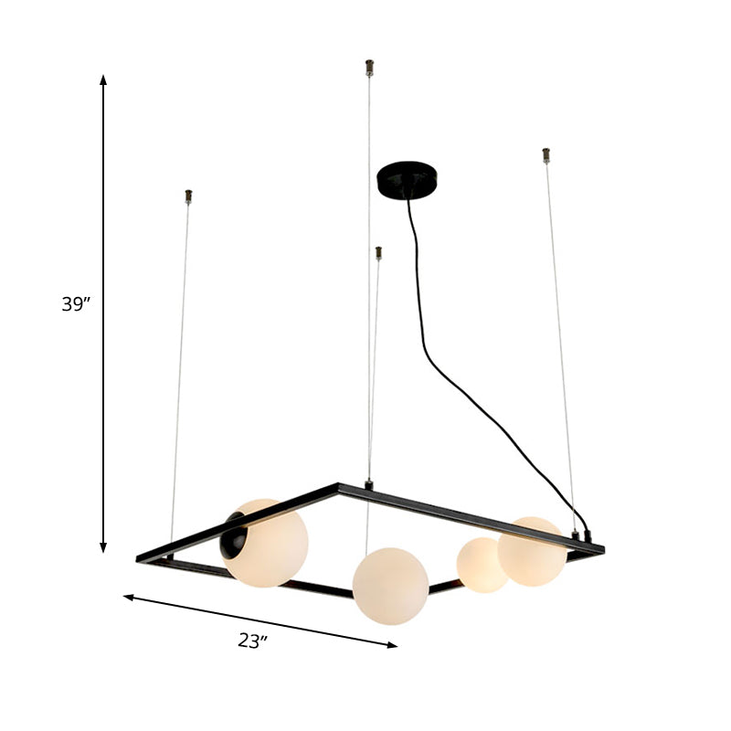 Modern Black Frame Chandelier Lamp With Opal Glass Shade - 4 Heads Pendant Light Fixture