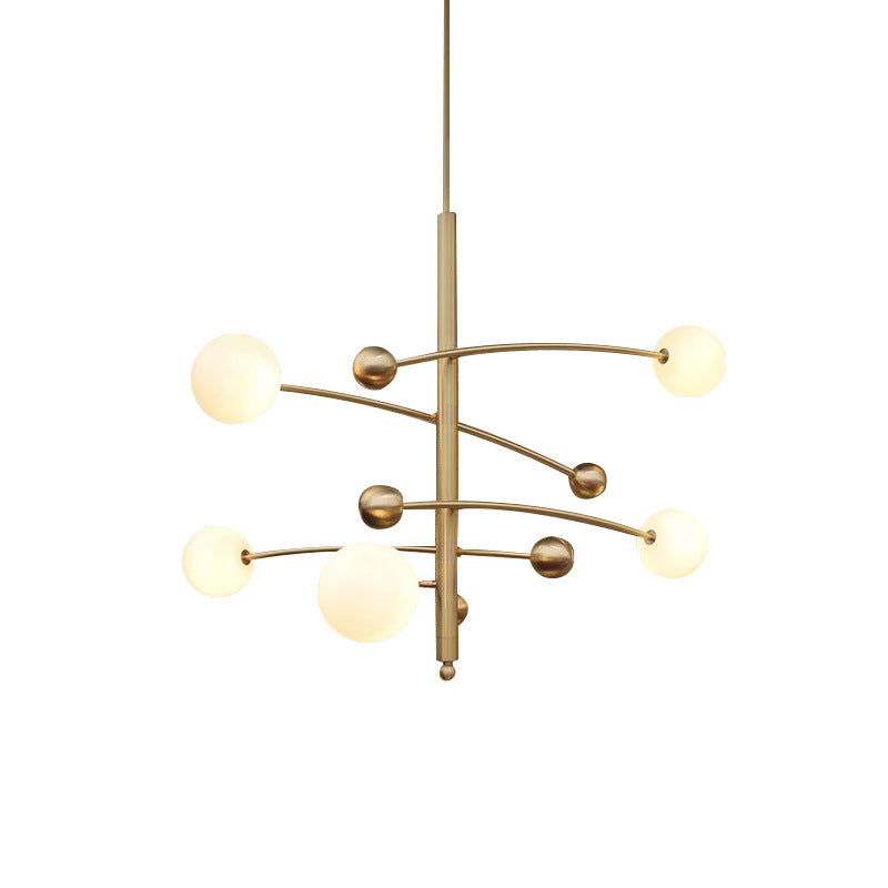 Modern Gold Bedroom Chandelier with Milk Glass Shades - 5 Bulb Suspended Lighting Fixture