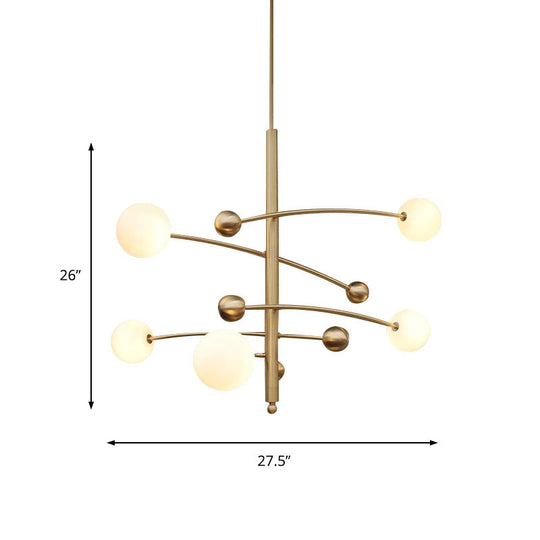 Modern Gold Bedroom Chandelier with Milk Glass Shades - 5 Bulb Suspended Lighting Fixture