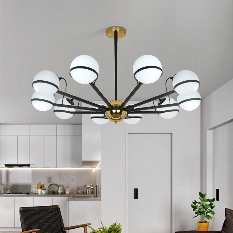 Modernist Round Hanging Chandelier - Frosted White Glass - 6/8/10 Bulbs - Black Pendant Light Fixture