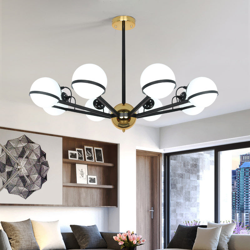 Modernist Round Hanging Chandelier - Frosted White Glass - 6/8/10 Bulbs - Black Pendant Light Fixture