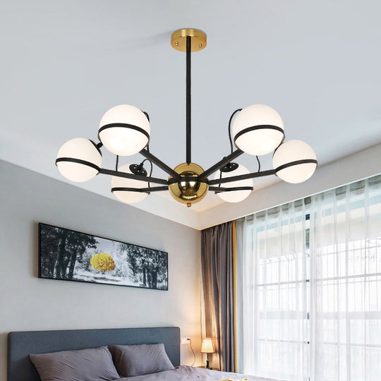 Modernist Round Hanging Chandelier - Frosted White Glass 6/8/10 Bulbs Pendant Light In Black 6 /