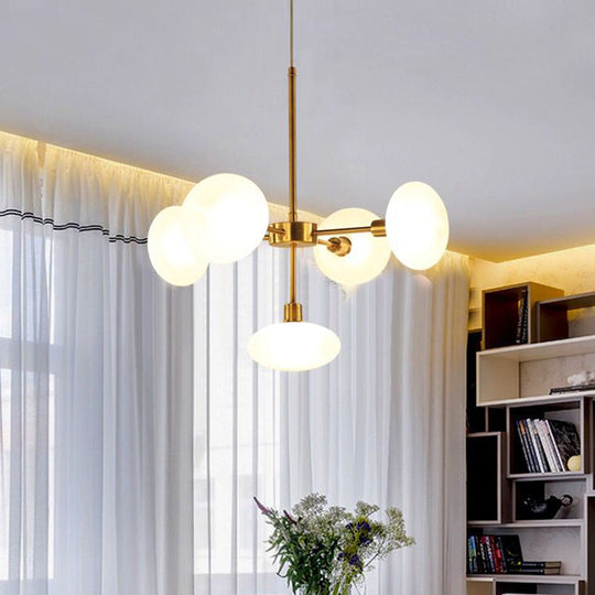 Modern White Glass Chandelier with Gold Accents - 5-Light Circular Ceiling Light