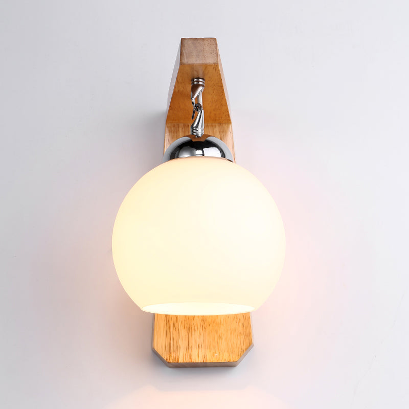 Wooden Asian Wall Sconce Light With Round White Glass Shade - Beige Finish