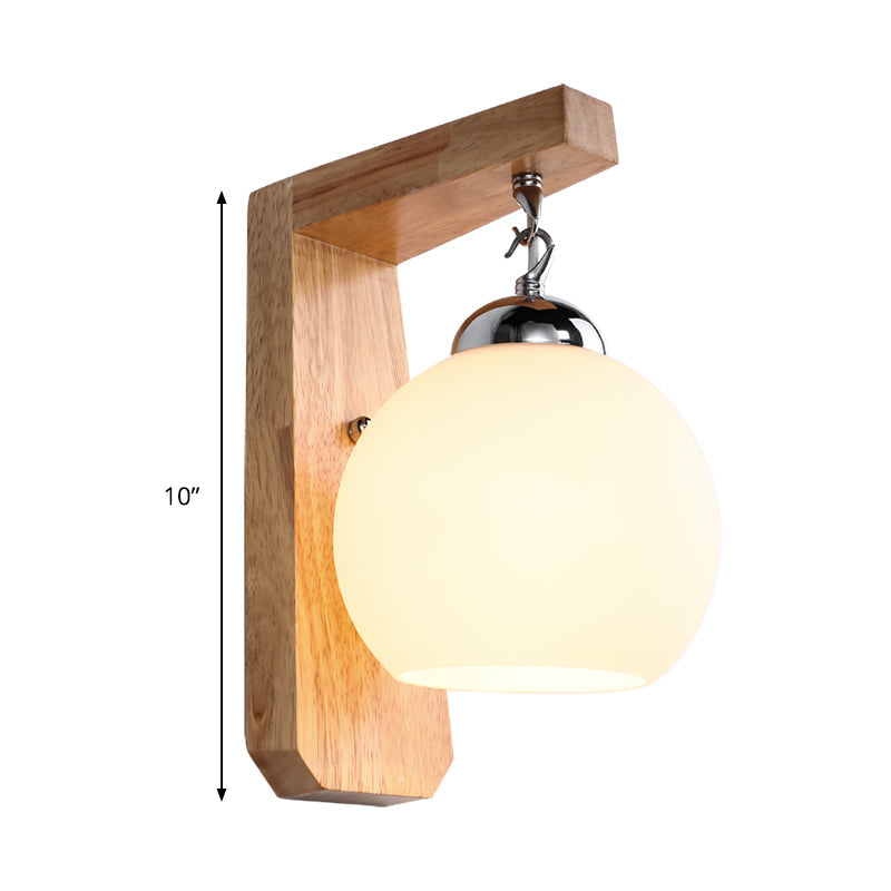 Wooden Asian Wall Sconce Light With Round White Glass Shade - Beige Finish