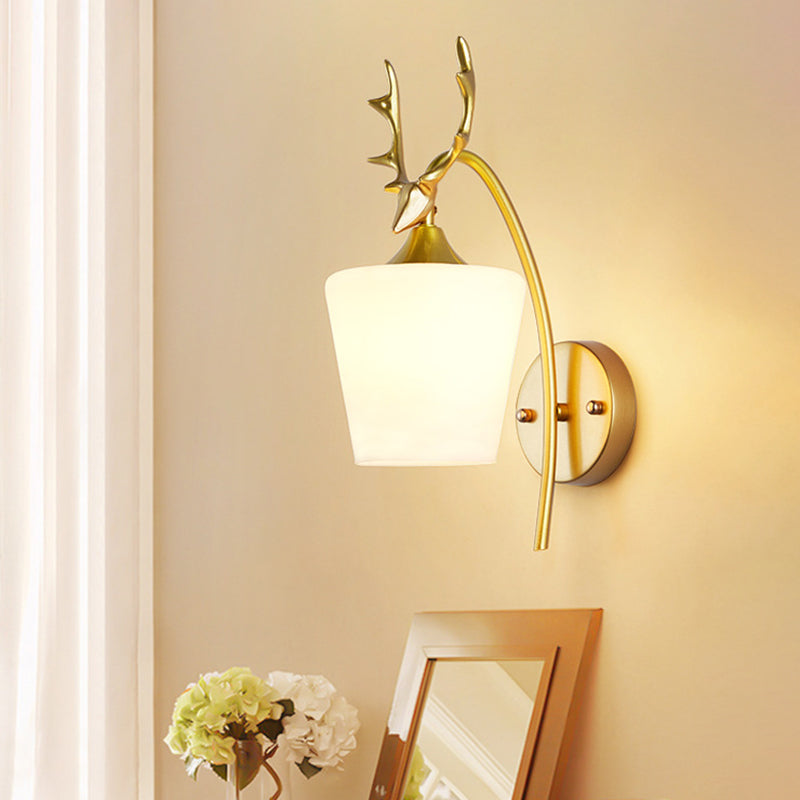 Modern Gold Wall Mount Light Fixture With Opal Glass And Metal Elk - Conical Sconce