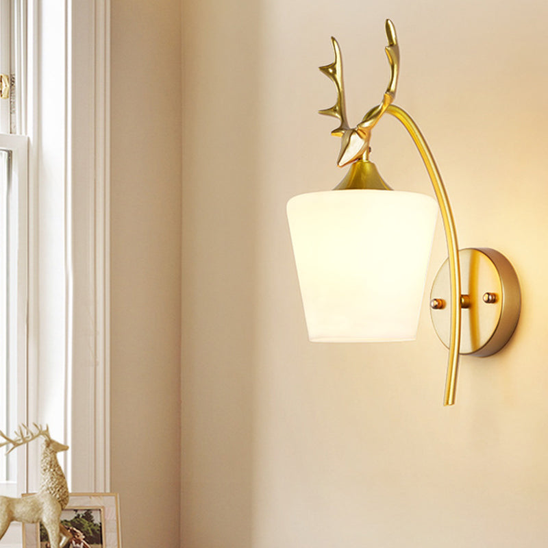 Modern Gold Wall Mount Light Fixture With Opal Glass And Metal Elk - Conical Sconce