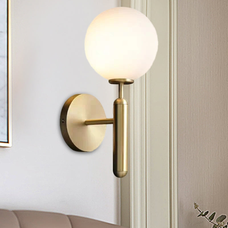 Milky Glass Ball Sconce - Contemporary 1-Head Brass Wall Light Fixture With Metal Arm