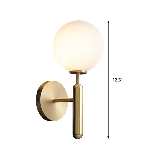 Milky Glass Ball Sconce - Contemporary 1-Head Brass Wall Light Fixture With Metal Arm