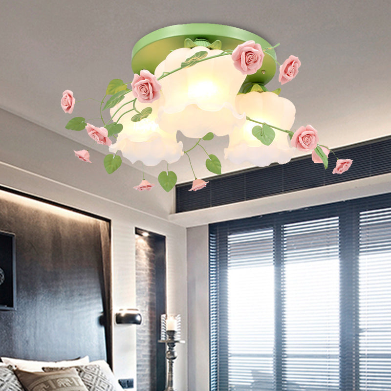 Opal Glass Bloom Ceiling Light - Countryside 3-Head Flush Mount Fixture (White/Green) Green