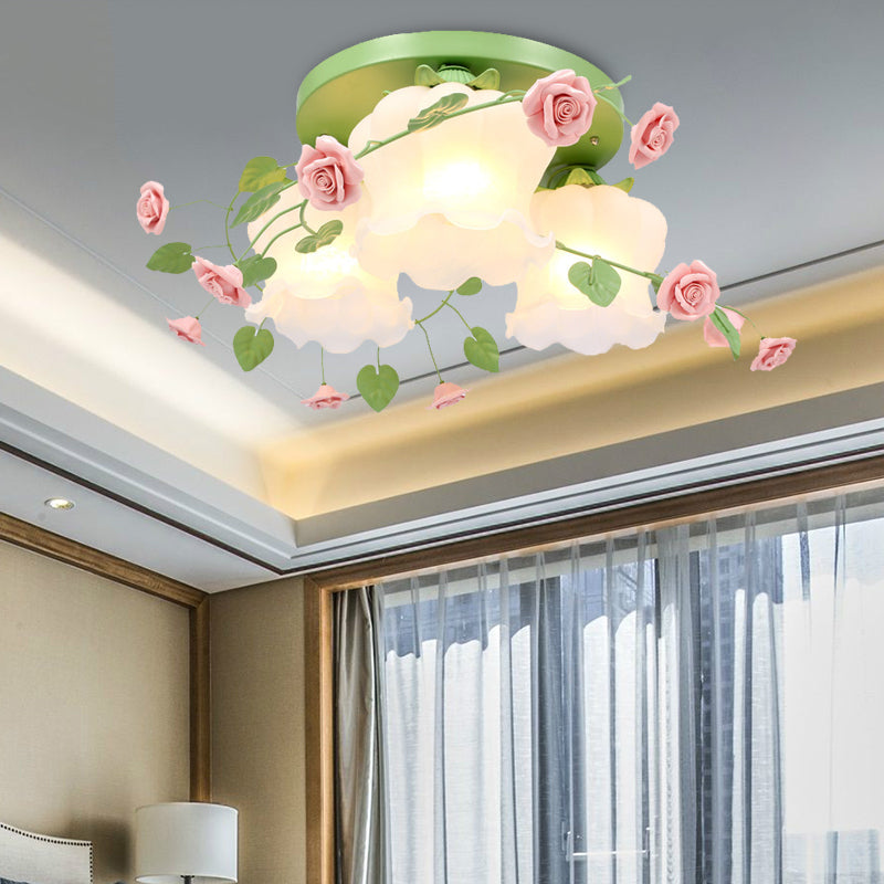 Opal Glass Bloom Ceiling Light - Countryside 3-Head Flush Mount Fixture (White/Green)